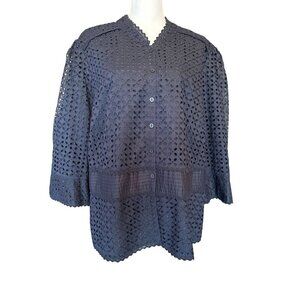 Nygard Collection Women's Size 22 Blouse Eyelet Button-Front Cotton Black Lined